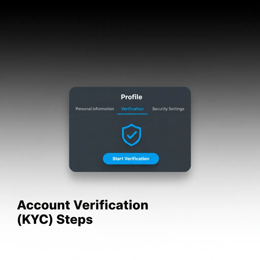 KYC steps: open Profile, confirm personal info, upload ID and address proof, selfie check, submit and wait.