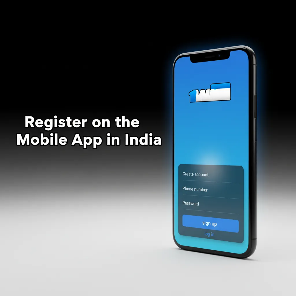 Smartphone showing 1win app signup in India: download Android/iOS, pick method, set INR, verify OTP/email.