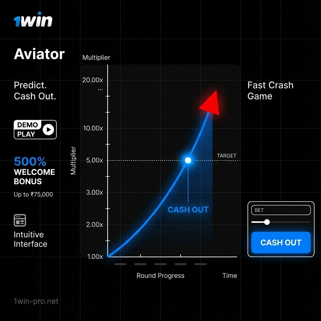 1Win Aviator crash game - play with 500% welcome bonus up to ₹75,000