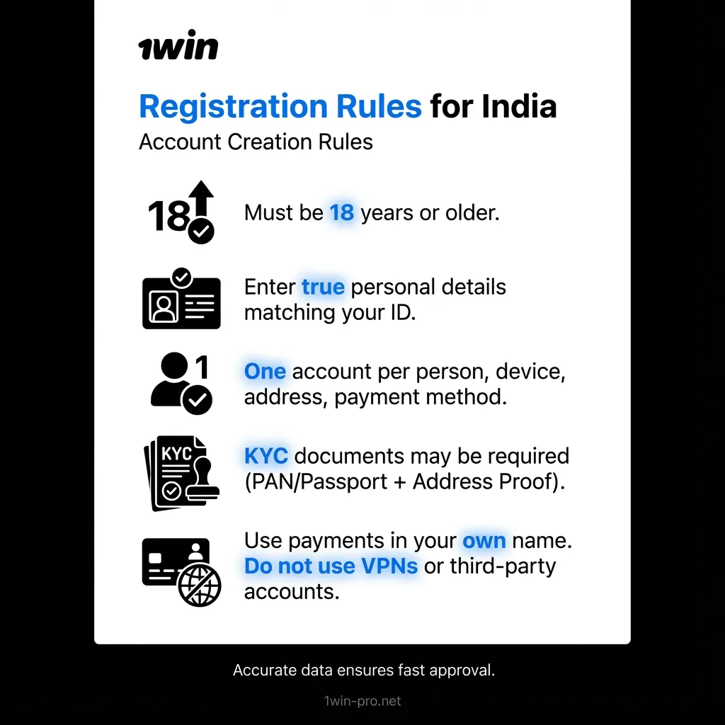 1Win registration rules in India - age, identity, and one account per person