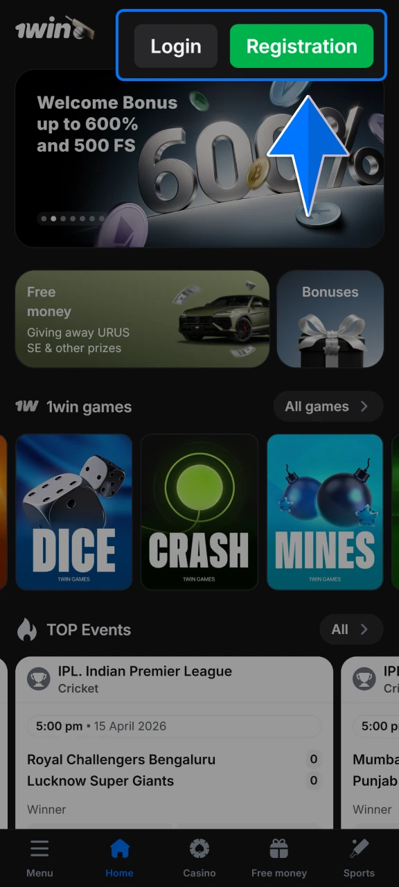 Sign up on the 1win platform by filling out the registration form to become eligible for the welcome offer.