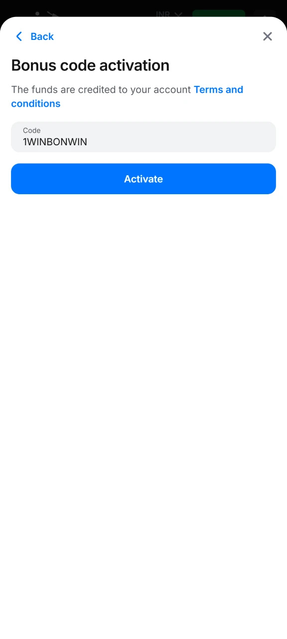 Type your unique promo code into the designated field to activate your special 1win welcome offer.
