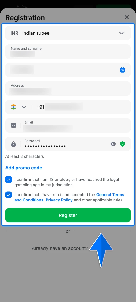 Provide your personal info and select INR as your currency on 1win to enjoy seamless local transactions.