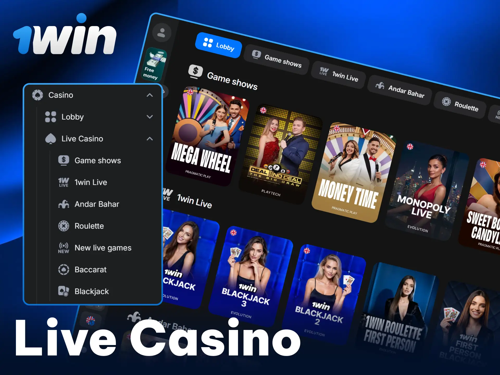 Explore the 1win live casino lobby and play with real dealers.