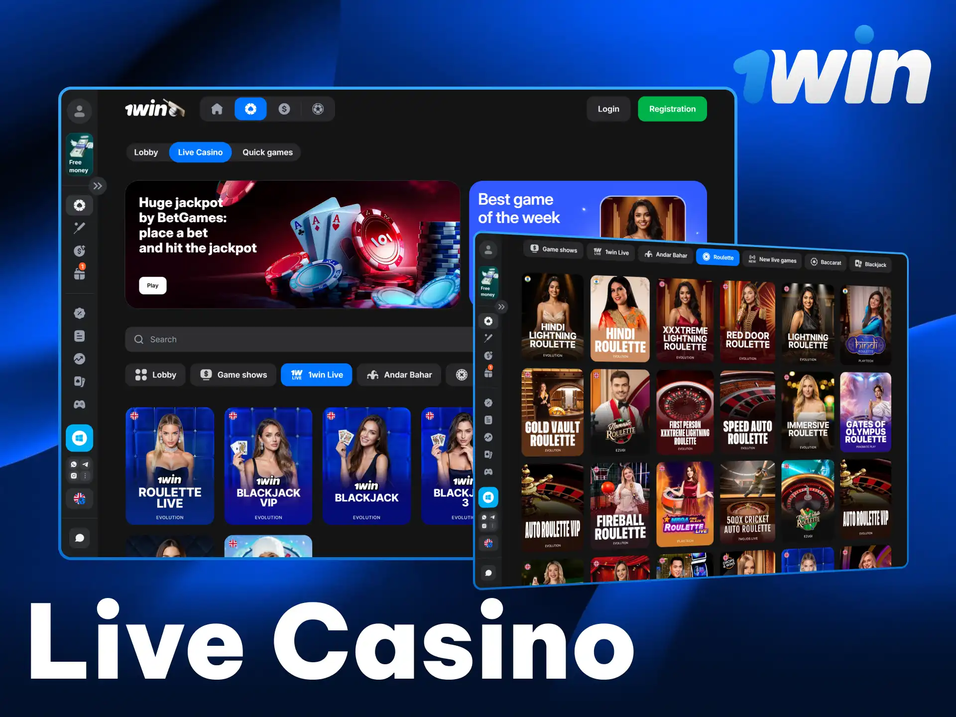 Play live casino games on 1win India with real dealers.