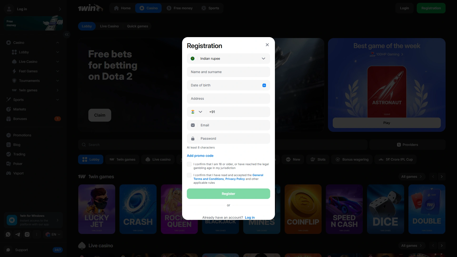 Open the 1win registration page to sign up and play.