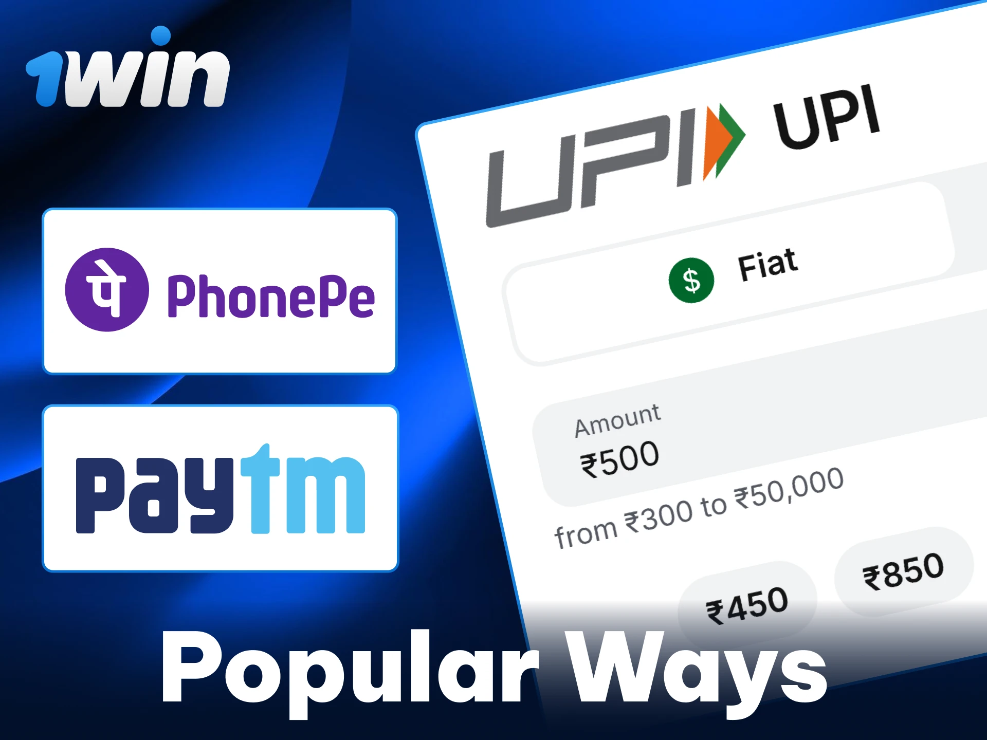 Select the most convenient payment method available in your country to fund your 1win account.