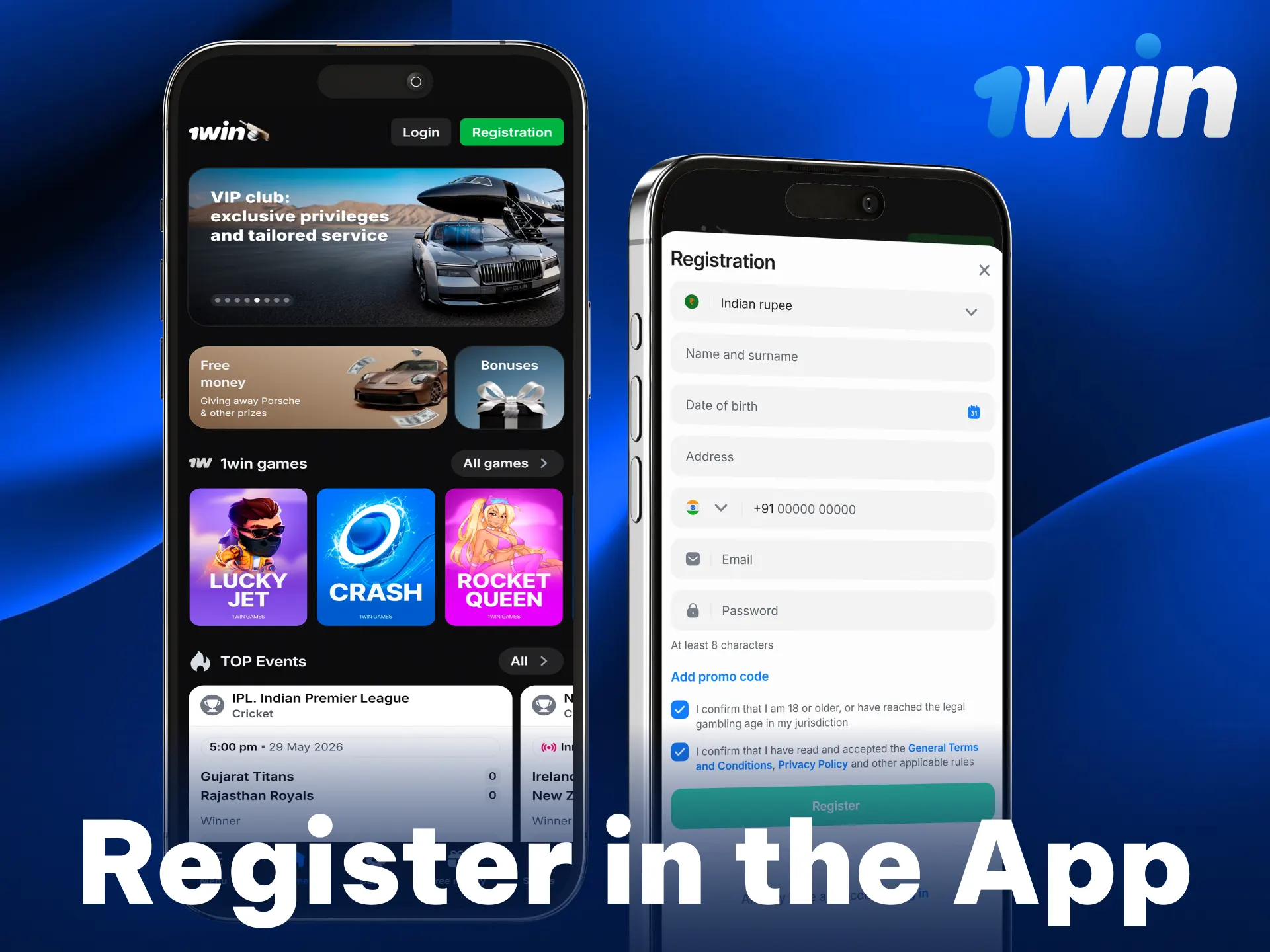 Sign up via the 1win mobile app in India.